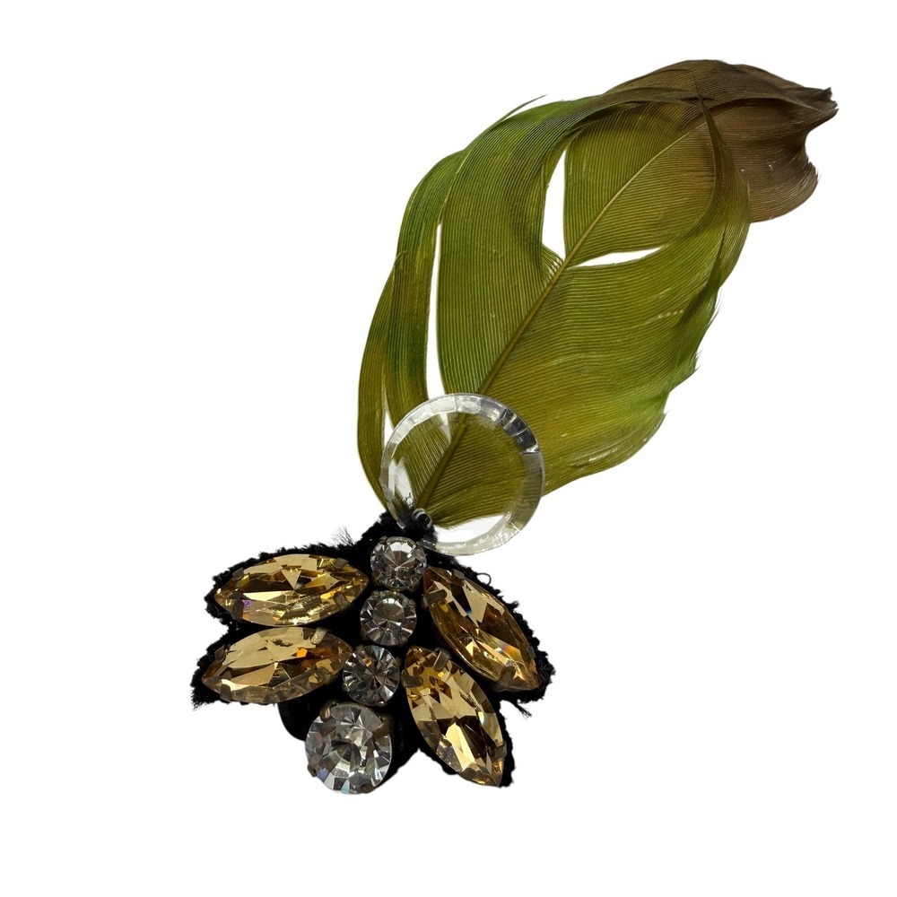 Elegant Green Feather Brooch Pin with Clear Gass & Amber Rhinestones Jewelry